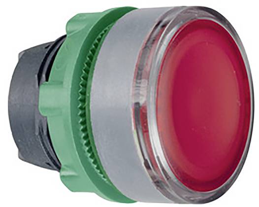 Ein großer, runder roter Knopf mit einem grauen Gehäuse und grünem Ring, verwendet als Not-Aus-Schalter oder Maschinenbedienungselement.