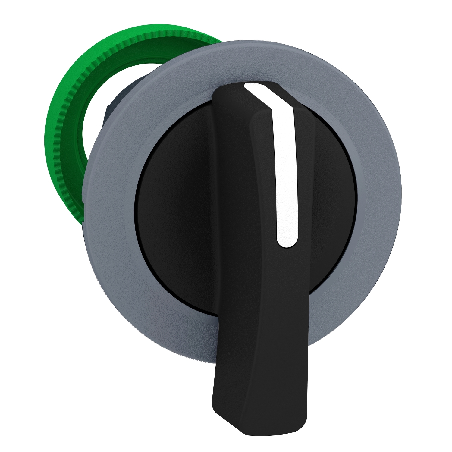 Schwarzer Drehknopf mit grauem und grünem Ring, Darstellung als Steuerungselement für industrielle Anwendungen.