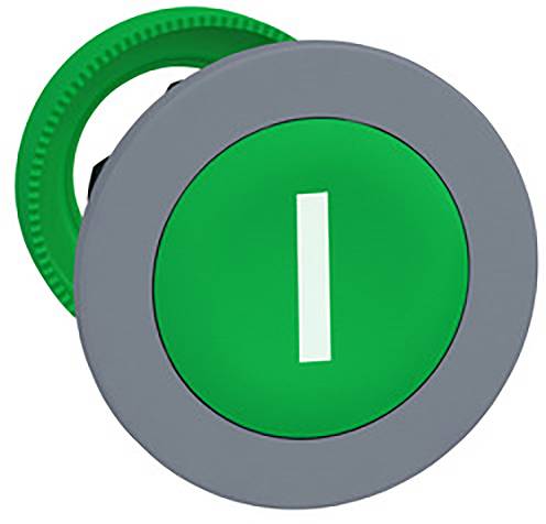 Grüner Einschaltknopf in einem grauen Gehäuse.