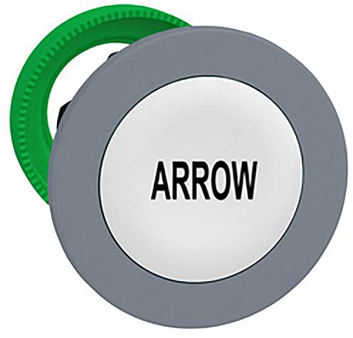 Ein runder Knopf mit grauem Rand und grünem Hintergrund zeigt das Wort 'ARROW' in der Mitte.