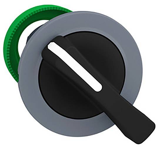 Schalter in Grautönen mit schwarzem Hebel und grünem Ring, vermutlich ein Bedienungselement für Maschinen oder Geräte.