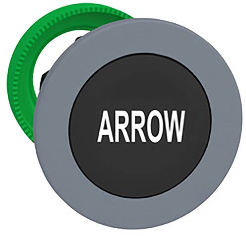 Runder grauer Knopf mit schwarz-weißem Text 'ARROW', grünem Rand sichtbar.