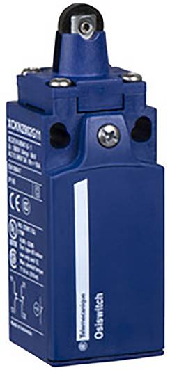 Ein blauer Sicherheitsschalter mit schwarzem Betätiger, umgeben von technischer Beschriftung und Zeichen zur elektrischen Spezifikation.