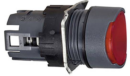 Ein grauer runder Druckknopf mit roter Kappe. Der Knopf ist in einem schwarzen und grauen Gehäuse eingebaut und hat eine Metallklammer.