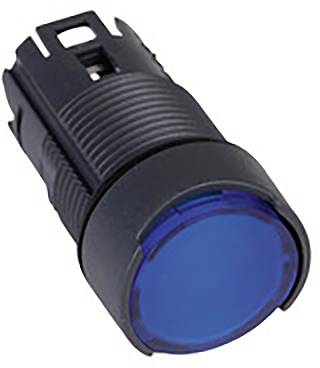 Schwarzer zylindrischer Knopf mit blauem Leuchtelement, geeignet für elektronische Bedienfelder oder Steuergeräte.