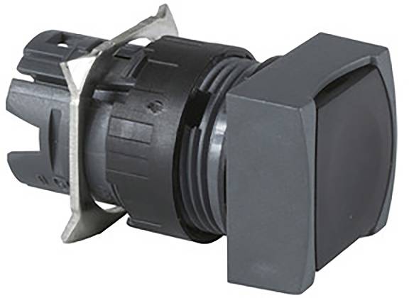 Ein grauer, quadratischer Drucktaster mit schwarzem Knopf und einem Metallbügel zur Befestigung, geeignet für industrielle Steuerungen.