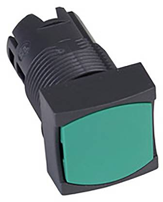 Schwarz-grüner Drucktaster in quadratischer Form, häufig in elektronischen Geräten zur Bedienung oder Steuerung verwendet.