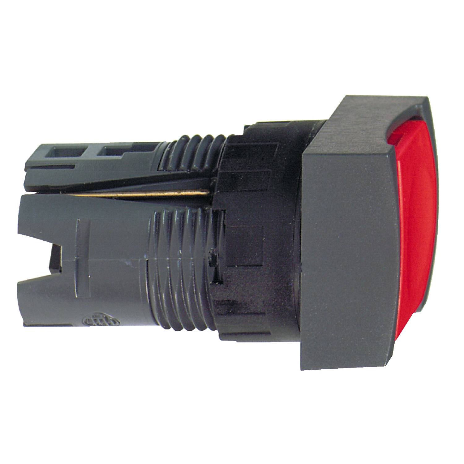 Roter quadratischer Knopf, seitlich gesehen, auf rechteckiger grauer Basis. Wird häufig als signalgebender Druckknopf verwendet.