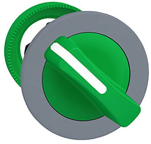 Grüner, runder Drehknopf mit grauer Umrandung, zeigt nach oben.