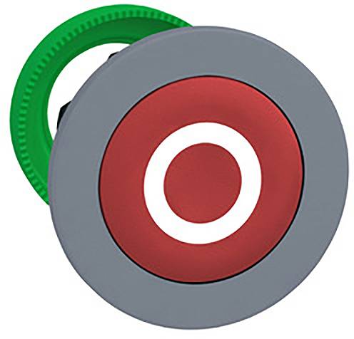 Grauer Knopf mit rotem Kreis in der Mitte, umgeben von einem grünen Rand. Symbolisiert einen Not-Aus-Schalter.