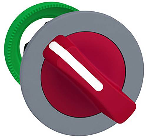 Ein runder, roter Schalthebel mit grauem und grünem Rand, der in der 'Ein'-Position steht.