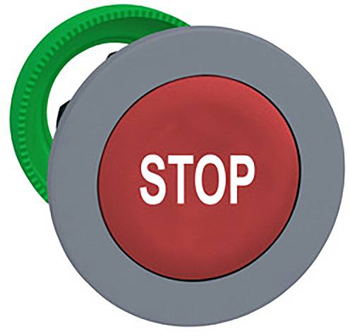 Ein runder roter Knopf mit der Aufschrift 'STOP', umgeben von grauem Rahmen. Symbolisiert eine Dringlichkeits- oder Stoppfunktion.