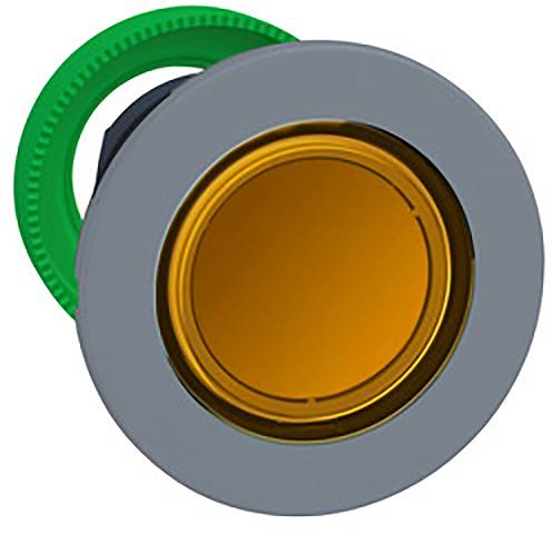 Illustration einer runden, gelben Taste mit grauem Rahmen und grünem Ring. Gezeigt von seitlicher Perspektive.