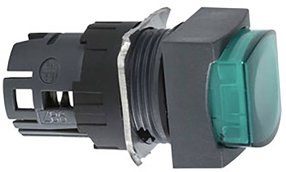 Ein viereckiger, grüner Druckknopf mit schwarzem Gehäuse, seitliche Ansicht. Der Knopf ist für die industrielle Nutzung geeignet.