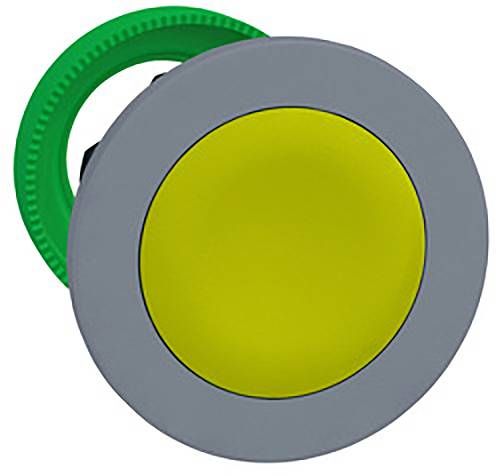 Ein runder, gelber Knopf mit einem grauen Rand und einem grünen Ring dahinter.