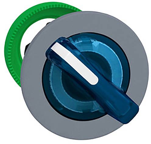 Ein Drehschalter mit blauer Markierung und grüner Umrandung, auf einer grauen Basis montiert.