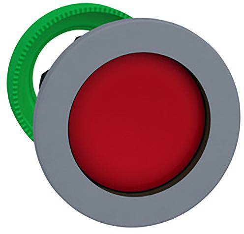 Roter Druckknopf mit grauer Umrandung, hervorgehobener roter Fläche und grünem Befestigungsring.