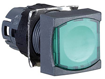 Ein quadratischer, grüner Leuchtanzeiger mit einer Metallhalterung, verwendet zur Signalisierung oder als Schalter in Geräten.