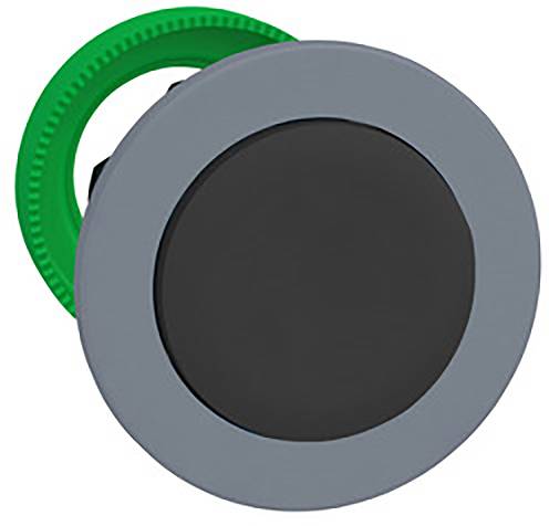 Ein runder, grauer Knopf mit einem schwarzen Einsatz, umgeben von einem grünen Ring. Sieht aus wie ein Schalter oder ein Knopf.