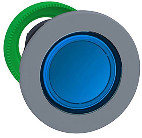 Ein blauer, runder Knopf in einem grauen Gehäuse mit grünem Rand.
