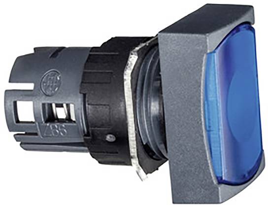 Blauer Drucktaster mit schwarzem Sockel, seitliche Ansicht. Verwendet zur Steuerung elektrischer Geräte oder Maschinen.