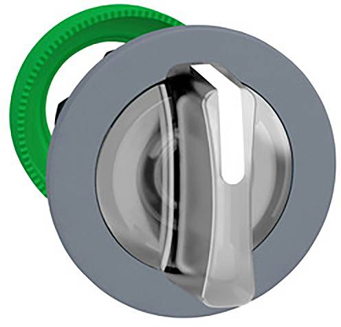 Ein grauer Drehschalter mit transparentem Griff und grünem Ring zur Bedienung von elektrischen Geräten.