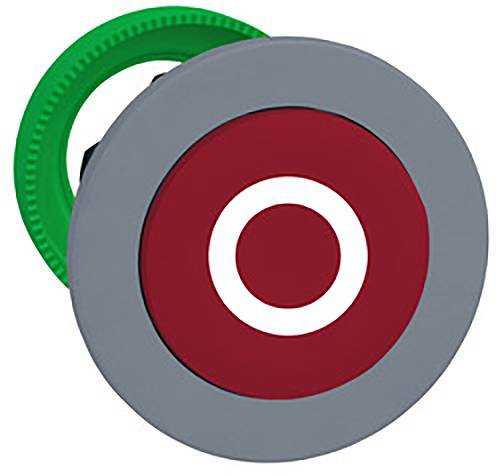 Grauer runder Knopf mit rotem Zentrum und weißem Kreis darauf. Daneben ein grüner gezahmter Ring.