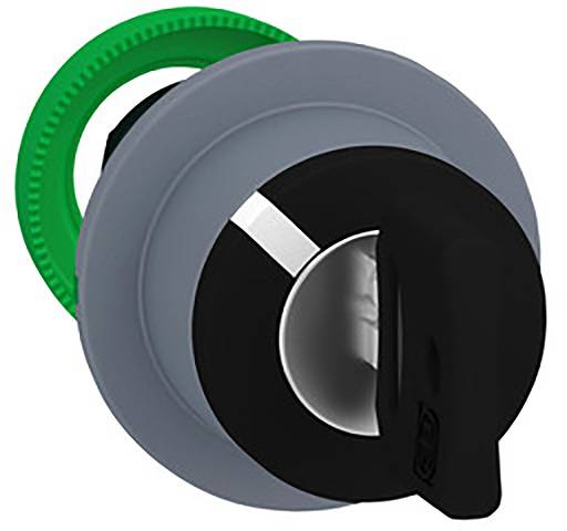 Nahaufnahme eines schwarzen Drehknopfes auf einem grauen und grünen Sockel. Der Knopf scheint für elektrische Geräte oder Maschinen zu sein.