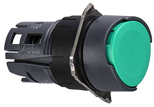 Grüner Druckknopf mit zylinderförmigem Gehäuse, geeignet für Maschinensteuerungen.