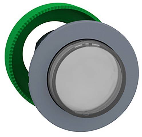 Runder, grauer Knopf mit grünem Ring.