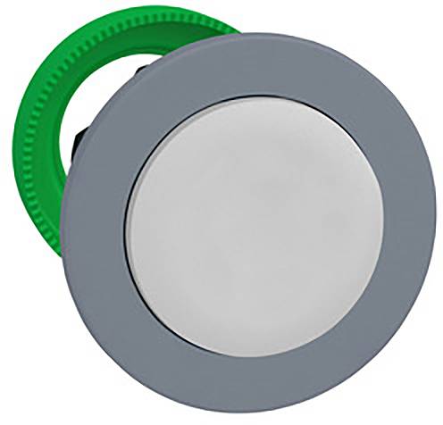 Grauer kreisförmiger Druckknopf mit einem grünen Plastikring im Hintergrund.