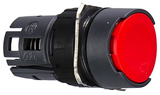 Roter runder Druckknopf, schwarzes Gehäuse; verwendet zum Schalten von elektrischen Geräten.