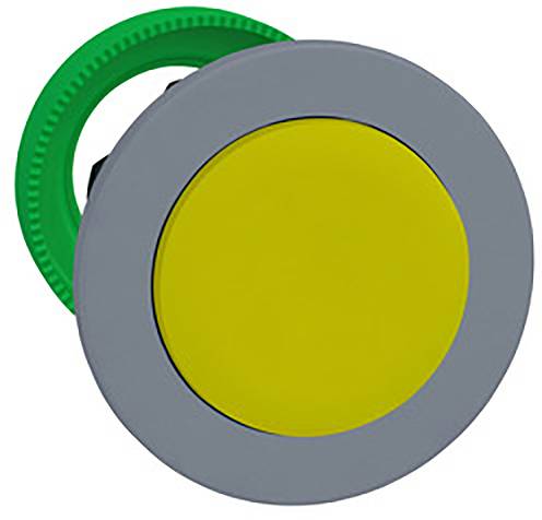 Gelber Knopf mit grauer Umrandung und grüner Rückseite, vermutlich ein Betätigungstaster.