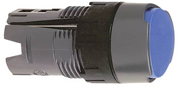 Ein runder, blauer Knopf in einer schwarzen Fassung, geeignet für elektronische Geräte oder Steuerungspanels.