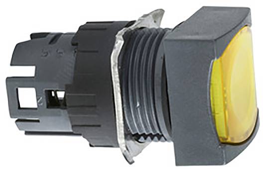 Gelber quadratischer Druckknopf, montiert auf einer schwarzen Halterung, vor einem weißen Hintergrund.