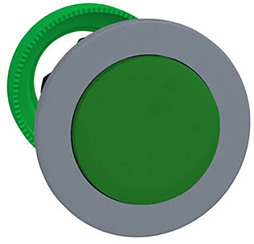 Ein runder, grüner Knopf mit grauem Rand und geriffeltem Ring.