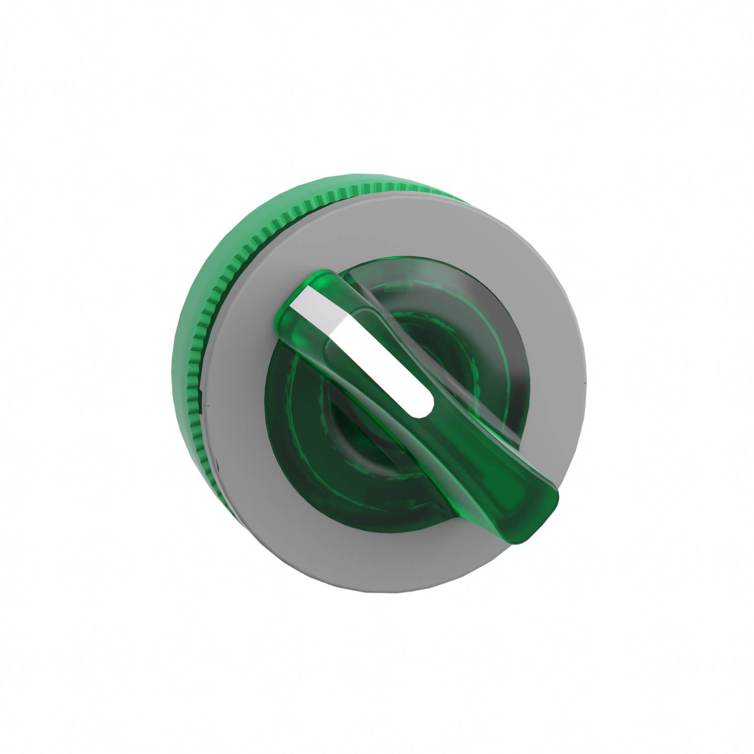 Ein runder grüner Plastikknopf auf grauem Hintergrund. Der Knopf ist in die 'Aus'-Position gedreht und wirkt wie ein Schalthebel.