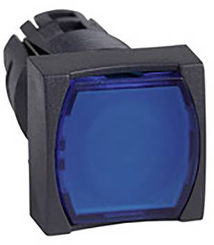 Ein blauer quadratischer Druckknopf mit einem schwarzen Gehäuse, oft verwendet zur Steuerung in elektrischen oder mechanischen Geräten.