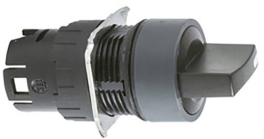 Schalter in Nahaufnahme mit schwarzem Drehgriff, montiert in einer silbernen Halterung. Geeignet für industrielle Anwendungen.