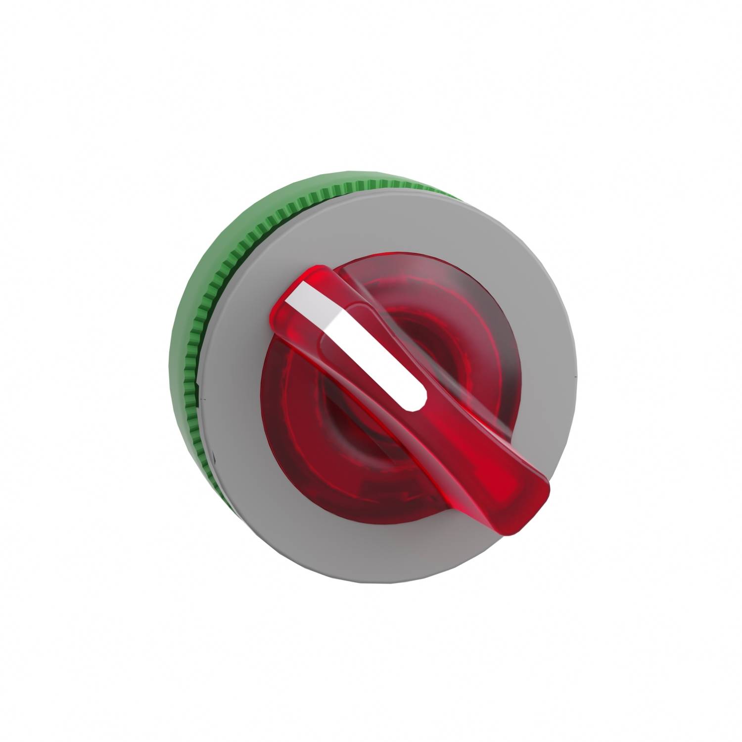 Drehschalter mit rotem Hebel und grauem Gehäuse, möglicherweise Teil eines elektrischen Geräts oder Maschinensteuerung.