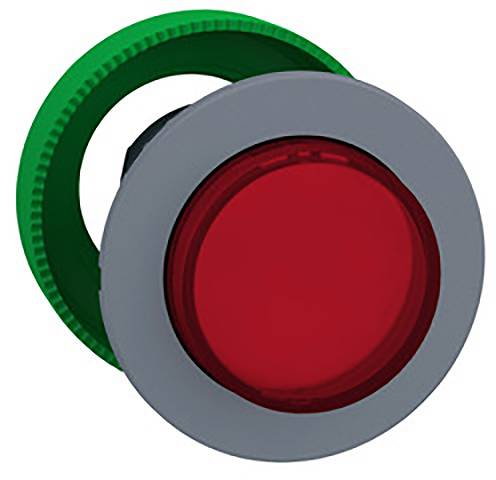 Roter Druckknopf mit grauem Rahmen und grünem Befestigungsring.
