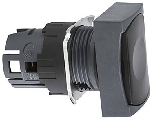 Schwarzer quadratischer Drucktaster mit Montageeinsatz und Gewinde, geeignet für elektronische Steuerungsanwendungen.