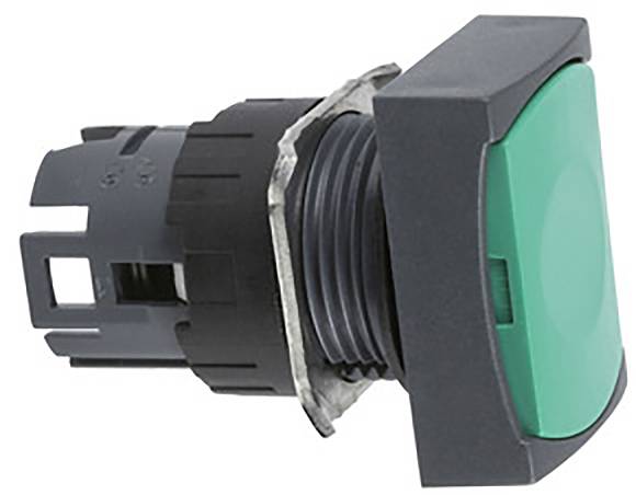 Ein rechteckiger, grüner Druckknopf mit schwarzer Kunststoffumrandung, geeignet für elektronische Steuerungen.