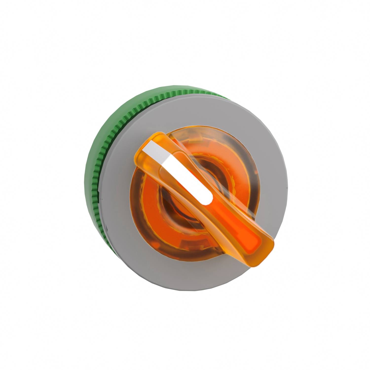 Ein orangefarbener Drehschalter in der Position 'Ein', mit grünem Rand auf grauem Hintergrund.