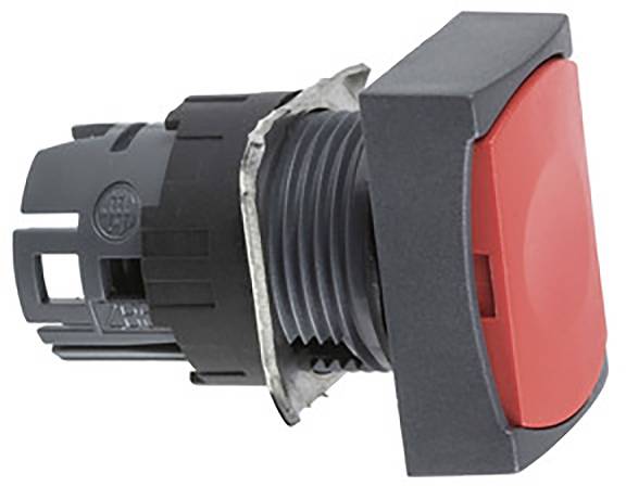 Roter, rechteckiger Druckknopf mit schwarzem Gehäuse, geeignet für industrielle Anwendungen zur Steuerung von Maschinen.