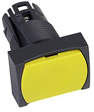 Gelber quadratischer Druckknopf an einem schwarzen Sockel, typischerweise verwendet für Steuerungen oder Maschinenbedienungen.