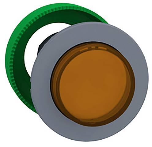 Ein runder, orangefarbener Knopf, umgeben von einem grauen Ring, auf einem grünen Gehäuse, möglicherweise ein Bedienungselement.