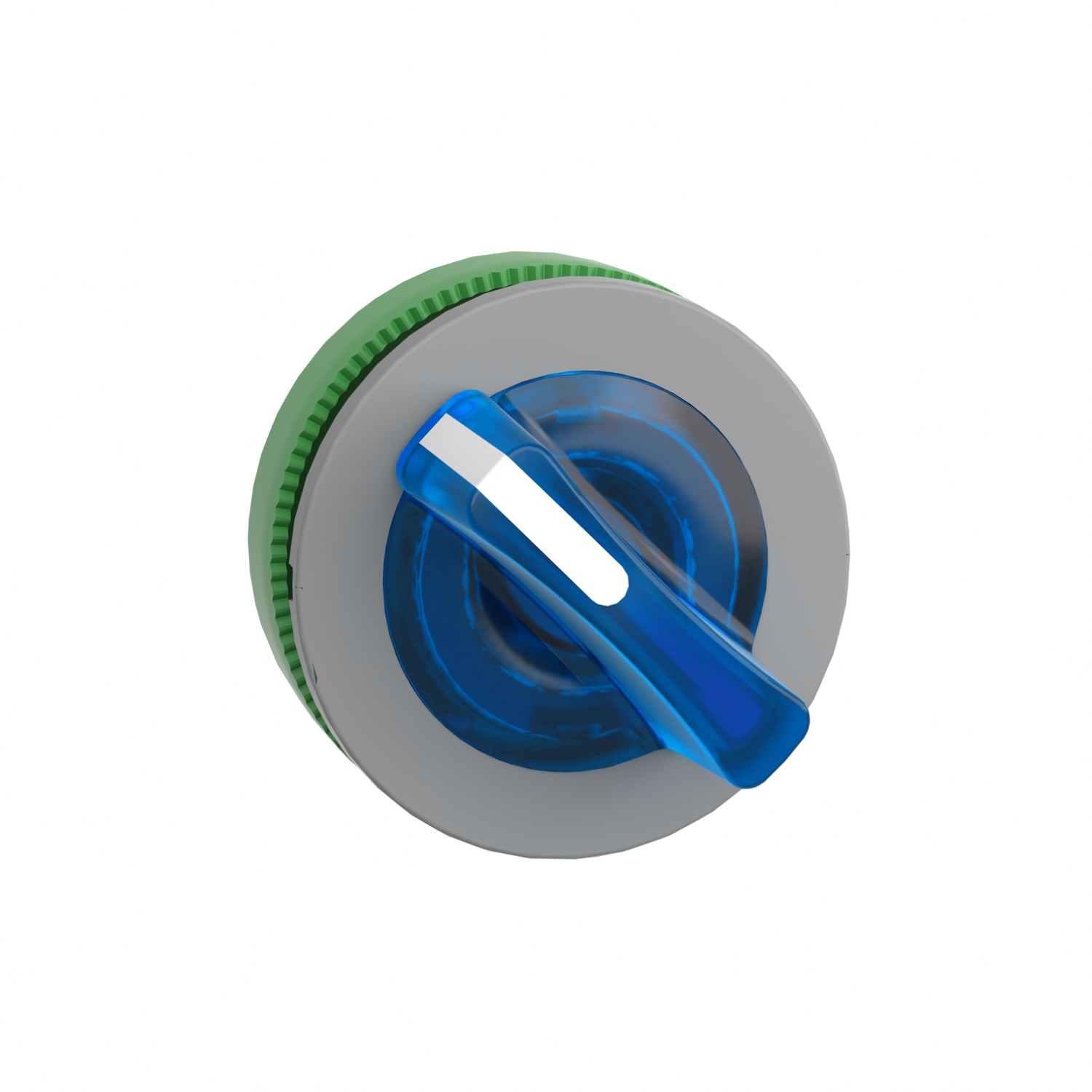 Kunststoffdrehknopf mit blauem Griff und grauer Basis, vermutlich zur Steuerung elektronischer Geräte oder Maschinen.