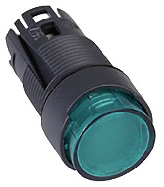 Ein runder, grüner Druckknopf mit schwarzer Halterung, typischerweise für elektronische Steuerungen verwendet.