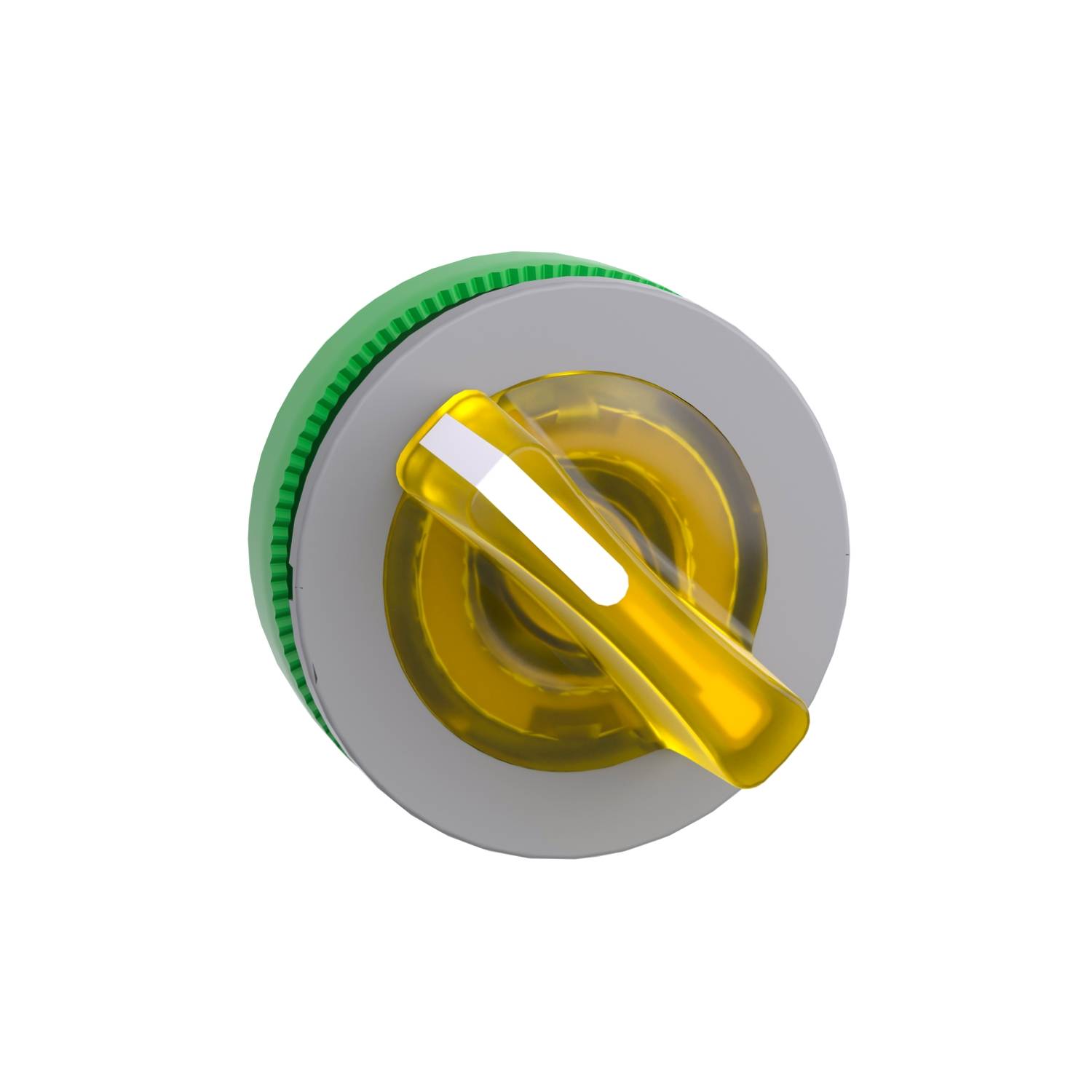 Gelber Wippschalter auf grauer, runder Basis mit grünem Rand, von oben gesehen.